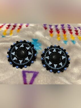 Round Black & Light Blue Beaded Hair Clips - Boho Statement Accessory
